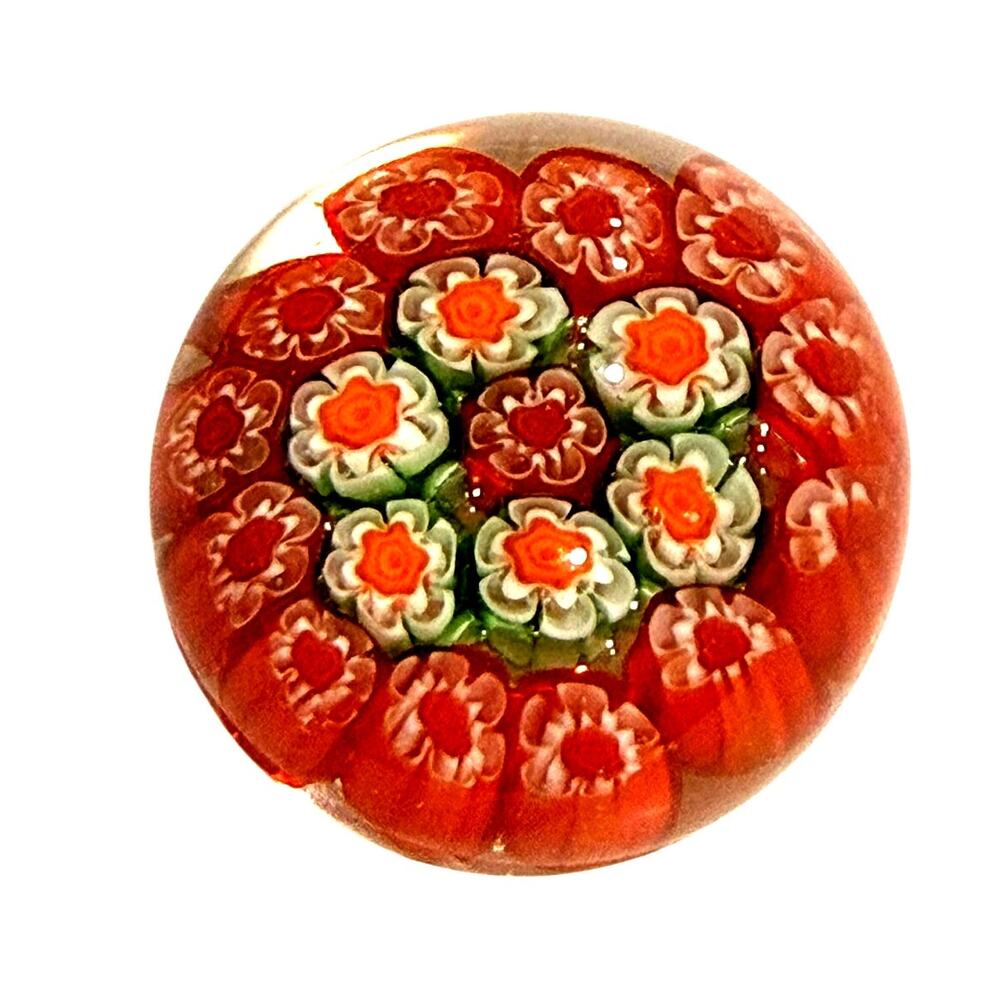 Artglass Millefiori Orange/Green Floral 4" x 2" Round Paperweight